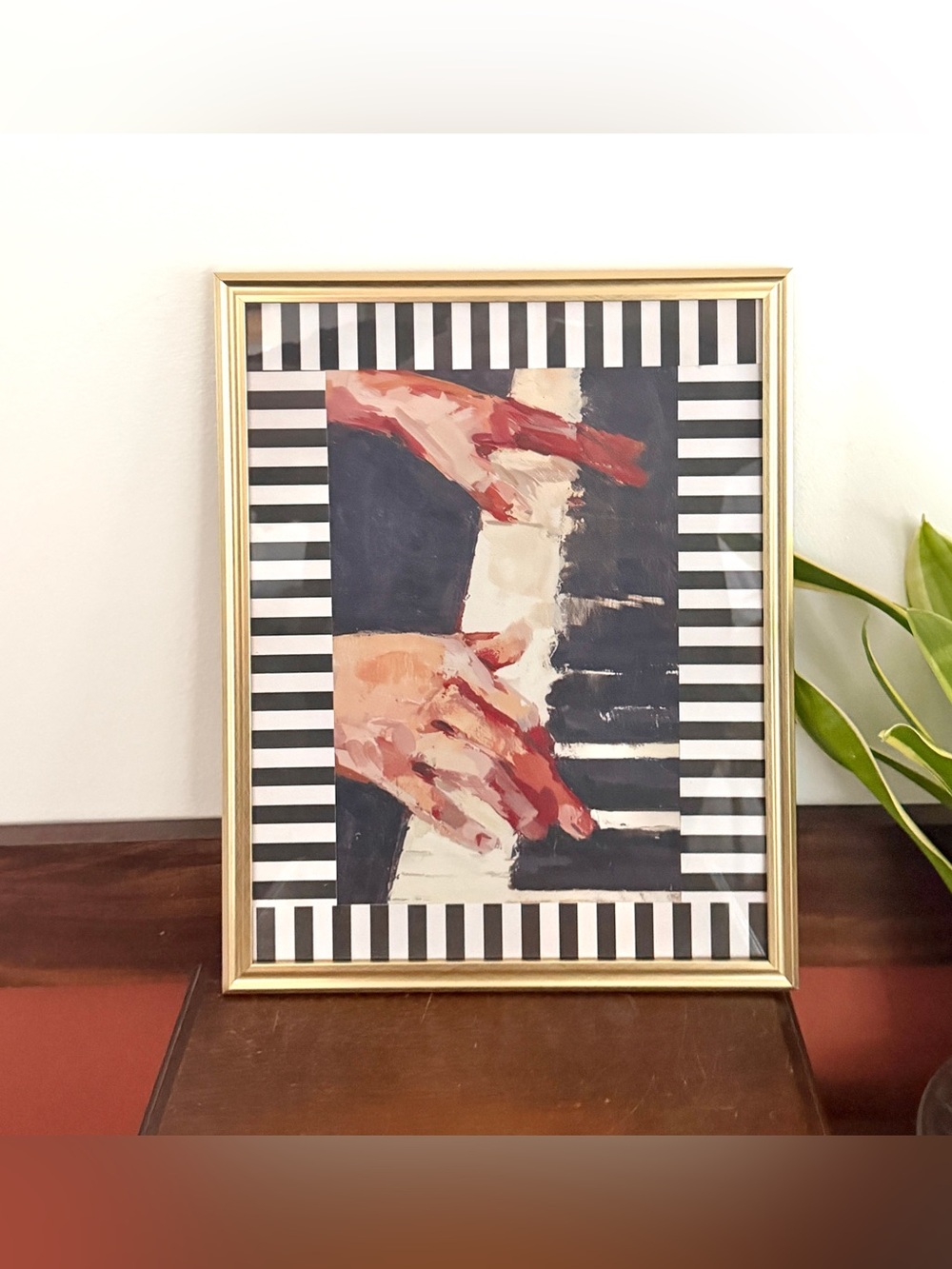 Vintage Style Piano Canvas Art Print Hands Playing Piano Striped Art Gold Framed